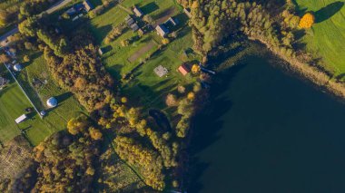 Göl kıyısında sarı ağaçlar olan sonbahar manzarası. Doğa konsepti. Metin için boşluk.