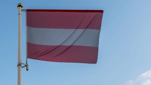 在蓝天前的旗杆上挂满了太阳光和镜头耀斑的奥地利国旗 外交概念 国际关系 案文的篇幅 — 图库照片
