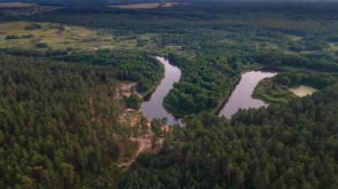 Belarus 'taki Berezina nehrinin turistik bölgesinde muhteşem bir panoramik manzara. Hava manzaralı nehir, orman ve sahil..