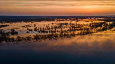 Büyük nehrin hava atmosferik görüntüsü. Güneşli günbatımında nehir manzarasının hava aracı görüntüsü.