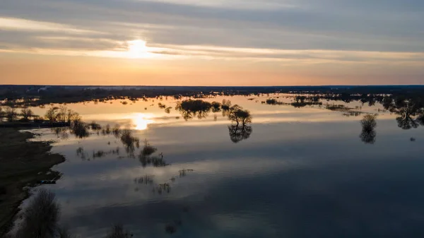 日没の高水の期間中に洪水の木 夕暮れ時の水の木ベラルーシのトゥロフ近くのプリピャート川の春の洪水の風景 自然と旅のコンセプト — ストック写真
