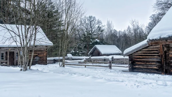 Зимовий Сніг Покрив Сільський Будинок Паркан Дерева Гарний Старий Сільський — стокове фото