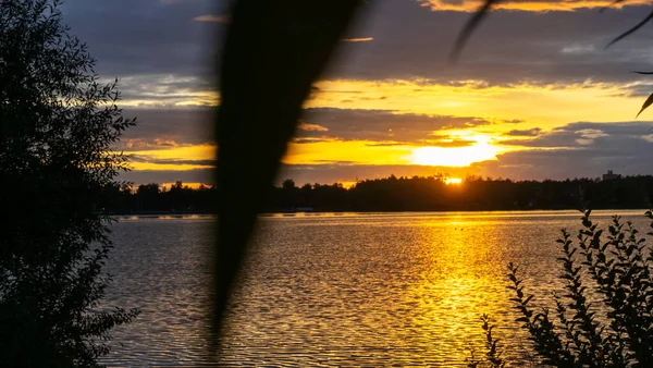 Dramatischer Sonnenuntergang See Sonnenuntergang Ufer Des Sees Nachdenken Blauer Himmel — Stockfoto