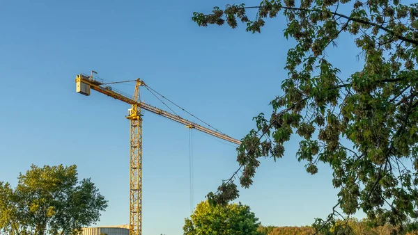 Panoramautsikt Över Byggarbetsplatsen Centrum Med Ett Par Höga Gula Kranar — Stockfoto