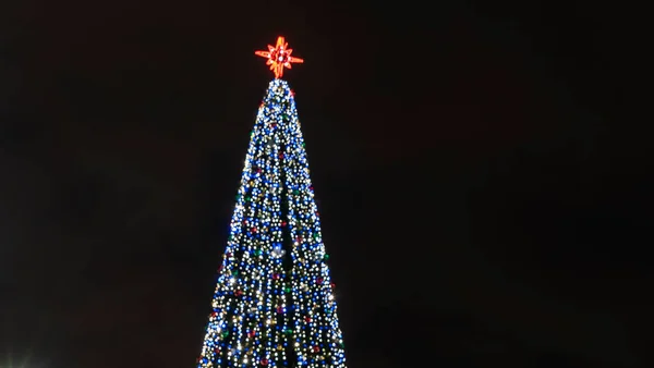 크리스마스 트리의 어두운 배경에 공간으로 흐릿하게 빛났습니다 원문을 — 스톡 사진