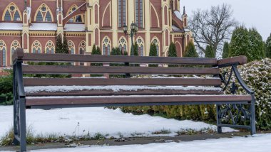 Çimenlerle kaplı kar üzerinde ahşap bir bank. Peyzaj tasarımı. Arka planda ardıç ve thuja çalıları var. Kış kavramları.