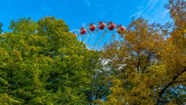 Parktaki dönme dolabın bir parçası ağaçların arkasındaki mavi gökyüzüne karşı. Mavi gökyüzüne karşı dönme dolabın düşük açılı görüntüsü. Tatil ve tatil kavramları.
