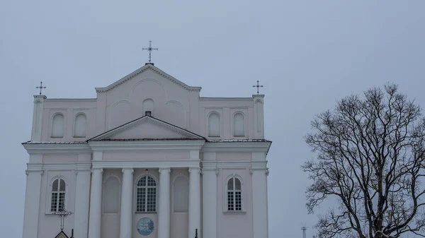 Ostrovets Grodno地域の聖人コスマスとダミアン教会は灰色の空を背景に木の枝を持ちます 崇拝と歴史遺産の概念 — ストック写真