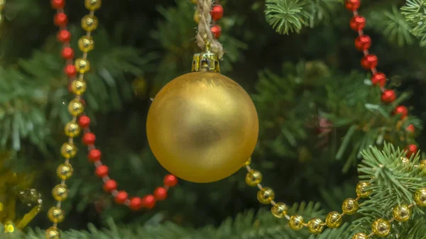 Arkaplanı Bulanık Bir Noel Ağacının Üzerinde Sarı Bir Noel Topu — Stok fotoğraf