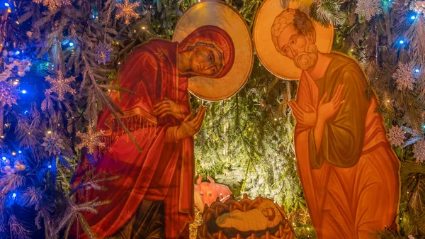 Kerststal Geboorte Van Baby Jezus Traditionele Kerststal Buurt Van Kerk — Stockfoto