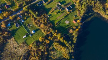 Göl kıyısında sarı ağaçlar olan sonbahar manzarası. Doğa konsepti. Metin için boşluk.