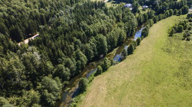 Yeşil tarladaki kıvrımlı nehrin havadan manzarası, insansız hava aracının güzel doğa arka planının üst görüntüsü. Kopya alanı olan mevsimlik yaz manzarası.