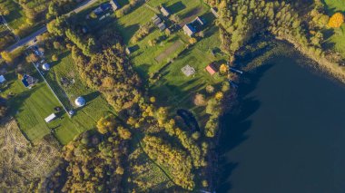 Göl kıyısında sarı ağaçlar olan sonbahar manzarası. Doğa konsepti. Metin için boşluk.