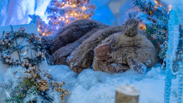 Πρωτοχρονιά Και Χριστουγεννιάτικα Στολίδια Μια Αρκούδα Παιχνίδι Κοιμάται Μια Σπηλιά — Φωτογραφία Αρχείου