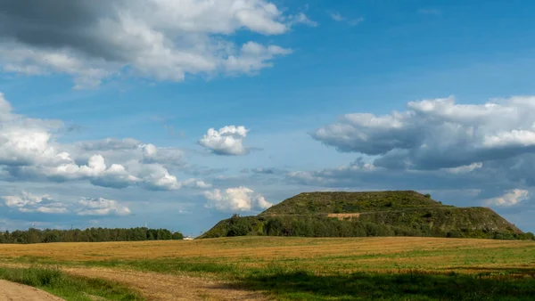 Kapalı şehir çöplüğü. Bölgenin restorasyonu. Büyük bir çöp yığınının peyzajı. Arka planda bir metropol ve bulutlu mavi bir gökyüzü var..