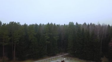 Atlar kışın bir çiftlikte ayrı avluda dururlar. Havadan geniş açı.