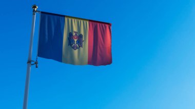 Büyük Moldova bayrağı klasik mavi arka planda rüzgarda dalgalanıyor. Diplomasi konsepti. Uluslararası ilişkiler. Metin için boşluk.