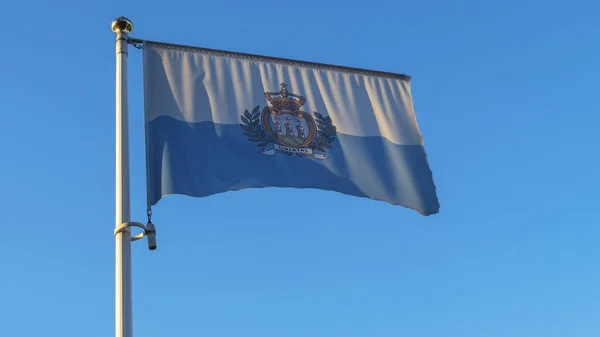 Národní Vlajka San Marina Stožáru Před Modrou Oblohou Slunečními Paprsky — Stock fotografie
