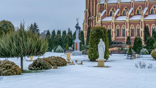 Winter Lawn Thuja Trees Park Sculptures Village Landscape Design Garden — Stockfoto