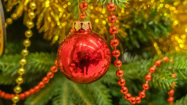 Red Christmas Ball Christmas Tree Blurred Background Christmas New Year — 图库照片