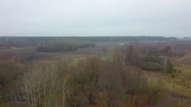 Sisteki sonbahar tarım alanlarının en üst görüntüsü. Büyük bir şehir ve göl yakınlarındaki sonbahar tarlalarını kaplayan sis ve sis. Kırsal kavram.