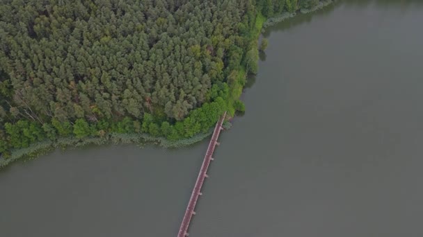 在河上的一座老桥上飞翔 在雨中穿越狭窄的铁路和森林 自然概念 — 图库视频影像