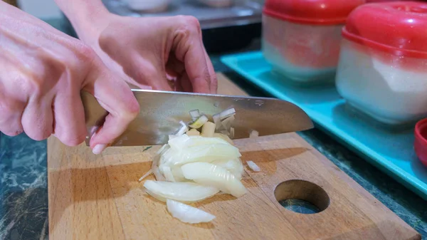 Hands Holding Sharp Knife Chopping Fresh White Onion Kitchen Cooking — Foto Stock