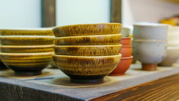 Set Clay Cups Tea Store Shop Traditional Tea Crockery — стоковое фото