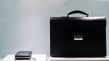 Fashionable leather briefcase and purse on white background.