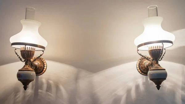 Two Old Vintage Wall Lamps Dark Light Background Space Text — 图库照片