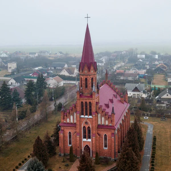 Aerial View Neogothic Red Catholic Church Heart Jesus Small Belarusian —  Fotos de Stock