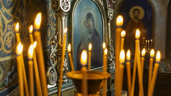 Blurred Wax Burning Candles Orthodox Church Icon Background — Photo