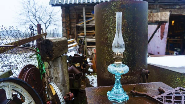 Close Old Blue Kerosene Lamp Rustic Background — 图库照片
