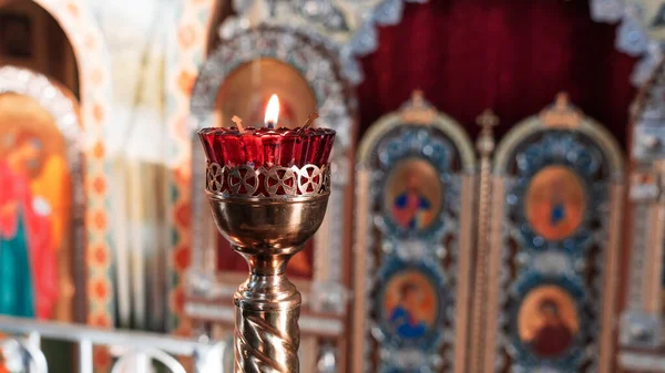 Orthodox Church Lamp Lit Candle Red Glass Icon Background — Stock Photo, Image