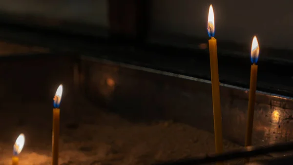 Church Candle Light Candles Wax Selective Focus Worship Concepts — Stockfoto