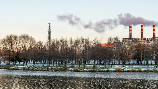 Poluição Atmosférica Industrial Paisagem Inverno Com Fábrica Árvores Conceito Poluição — Fotografia de Stock