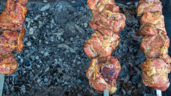 Smaklig Matrostning Spett Utsökt Bbq Kebab Grillning Öppen Grill Utekök — Stockfoto