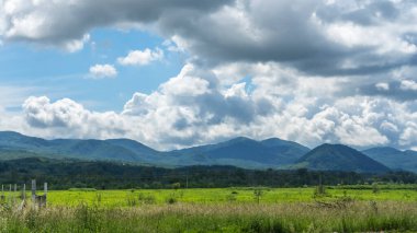 Küçük dağları olan yeşil çimen tarlası ve bulutlu dramatik gökyüzü. Seyahat konsepti. Metin için boşluk.