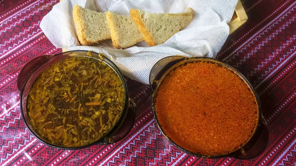 Tabak Ukrayna Borsch Hodgepodge Üst Manzara Ulusal Mutfak Kavramları — Stok fotoğraf