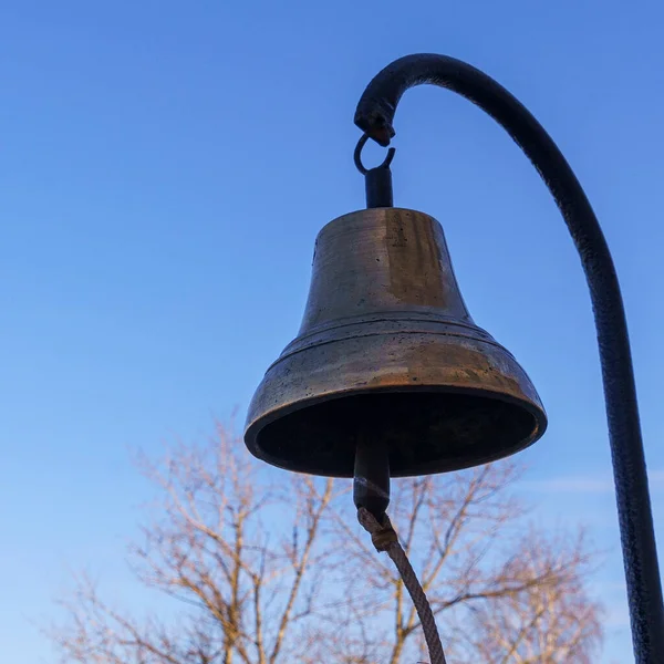 Close View Old Skool Bronze Fire Bell Classic Blue Sky — Stock Photo, Image