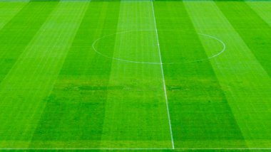 Yeşil çimenli futbol sahası. Çok güzel doğal bir arka plan. Spor konsepti. Metin için boşluk.