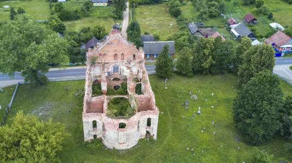 Fiatal Gólyák Katolikus Kereszt Melletti Fészekben Ülnek Romok Templomának Tetején — Stock Fotó