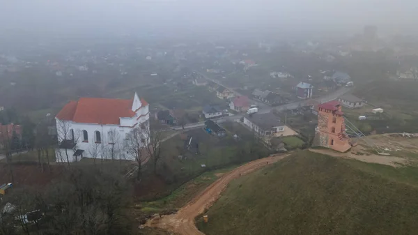 Aerial View Ruins Tower Shchitovka Mindovg Castle Farnese Church Transfiguration — Stock Photo, Image