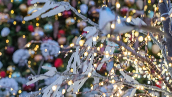 Decorazioni Natalizie Capodanno Sfocate Con Luci — Foto Stock