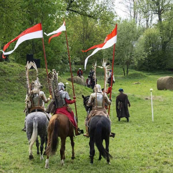 Man Vintage Poland Rustning Med Vingar Polska Bevingade Husarer Historiska — Stockfoto