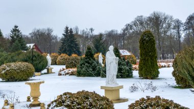 Kış çimenliği, köyde thuja ağaçları ve park heykelleri var. Peyzaj tasarımı. Bahçe kavramları.