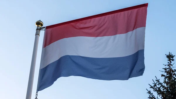 Государственный Флаг Голландии Флагштоке Перед Голубым Небом Солнечными Лучами Бликами — стоковое фото