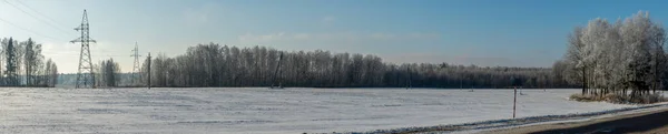 背景に木がある雪の下で冬の農地の風景 雪に覆われた田舎で冬の風景 テキストのスペース — ストック写真