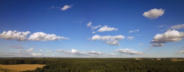 Yeşil tarlalar, orman ve yazın bulutlu mavi gökyüzü. Tarlaları, otları, ağaçları, güneşli gökyüzünü ve yemyeşil yapraklarını içeren soyut bir manzara. İnsansız hava aracıyla manzara.