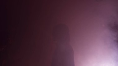 Disko gece kulübünde DJ 'in sahnede yaptığı müzikle dans eden insanların silueti. Disko topuyla parti atmosferi. Gece hayatı konsepti. Metin için boşluk.